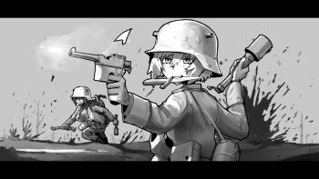 2girls action ankle_wrap bayonet bolt_action braid combat_helmet erica_(naze1940) explosion explosive firing gas_mask grenade greyscale gun handgun helmet highres knife_in_mouth letterboxed mask mauser_98 mauser_c96 military monochrome multiple_girls original pistol puttee rifle running single_braid soldier stahlhelm war weapon world_war_i