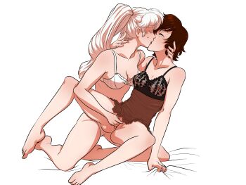 2girls absurdres asymmetrical_hair bed_sheet bra breasts cleavage fingering flower french_kiss highres kiss lingerie medium_breasts multiple_girls nightgown ponytail pussy quu-art_(artist) ruby_rose rwby sheet_grab side_ponytail sleepwear underwear pussy_juice weiss_schnee yuri