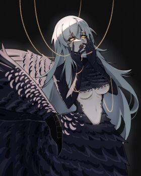 1girl alternate_form angela_(project_moon) black_background black_feathers blue_hair breasts centauroid chimera commentary english_commentary eyelashes feathers hair_between_eyes highres large_breasts library_of_ruina long_hair looking_at_viewer miruraisu monster_girl navel open_mouth project_moon solo string taur underboob very_long_hair yellow_eyes