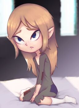 1girl bed blonde_hair blue_eyes collarbone conoghi dress freckles green_dress highres long_hair long_sleeves looking_up mila_(zelda) nintendo patchwork_clothes pointy_ears rags sitting socks the_legend_of_zelda the_legend_of_zelda:_the_wind_waker torn_clothes torn_dress white_socks window
