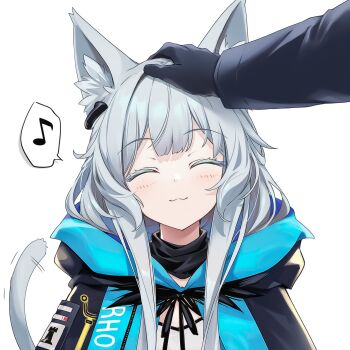 09cch29 1girl 1other :3 animal_ear_fluff animal_ears arknights black_gloves blue_coat blush cat_ears cat_girl cat_tail closed_mouth clothes_writing coat doctor_(arknights) eighth_note facing_viewer gloves grey_hair headpat highres hood hood_down hooded_coat long_hair long_sleeves motion_lines musical_note open_clothes open_coat rosmontis_(arknights) simple_background smile solo_focus speech_bubble spoken_musical_note tail tail_wagging upper_body white_background