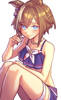 1girl animal_ears bare_shoulders bikini bikini_shorts blue_bikini blue_eyes blue_swim_trunks blush braid breasts brown_hair cheval_grand_(summer_calm_navy_drop)_(umamusume) cheval_grand_(umamusume) closed_mouth commentary hair_between_eyes half_up_half_down_braid heart heart_necklace highres horse_ears horse_girl jewelry looking_at_viewer medium_hair multicolored_hair necklace official_alternate_costume official_alternate_hairstyle sher_(imnotsher) shorts simple_background small_breasts smile solo streaked_hair swimsuit umamusume white_background white_hair white_streaks