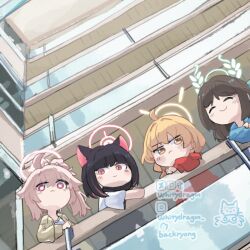 Rule 34 | 4girls, ^ ^, after-school sweets club (blue archive), ahoge, airi (band) (blue archive), airi (blue archive), album cover redraw, animal ears, artist name, balcony, black hair, blonde hair, blue archive, blue coat, blush, brown hair, cat ears, chibi, closed eyes, coat, colored inner hair, commentary, derivative work, from below, halo, kazusa (band) (blue archive), kazusa (blue archive), looking at viewer, multicolored hair, multiple girls, natsu (band) (blue archive), natsu (blue archive), official alternate costume, pink hair, please please me, red coat, shirt, the beatles, two-tone hair, white shirt, whitydragon, yellow coat, yoshimi (band) (blue archive), yoshimi (blue archive)