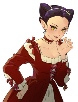 1girl bow breasts cat_girl choker cleavage cross-laced_clothes cross-laced_dress double_bun dress fingernails gegege_no_kitarou gegege_no_kitarou_6 hair_bun layered_dress nekomusume nekomusume_(gegege_no_kitarou_6) pointy_ears purple_hair red_dress sharp_fingernails sharp_teeth silanduqiaocui teeth yellow_eyes