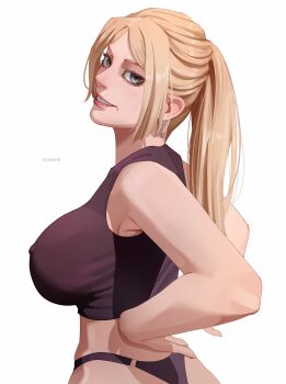 1girl blue_eyes breasts crop_top hand_on_own_hip jujutsu_kaisen large_breasts lipstick long_hair looking_back makeup ponytail smile thong tsukumo_yuki_(jujutsu_kaisen)