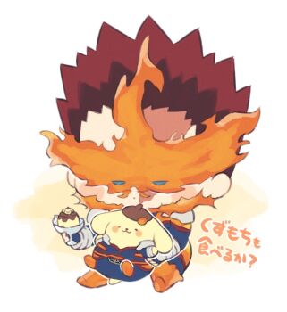 1boy blue_bodysuit blue_eyes bodysuit boku_no_hero_academia commentary_request crossover endeavor_(boku_no_hero_academia) fire food full_body highres male_focus mentosucyan pompompurin pudding pyrokinesis red_hair sanrio scar scar_on_face simple_background sitting spiked_hair translation_request white_background