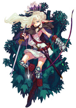 Rule 34 | 1girl, arrow (projectile), arrow in body, arrow in head, bow (weapon), braid, braided bun, cape, dagger, earrings, female focus, gauntlets, hair bun, jewelry, jonpei, knife, leaf, object through head, pixiv fantasia, pixiv fantasia 1, pointy ears, solo, sword, tree, weapon