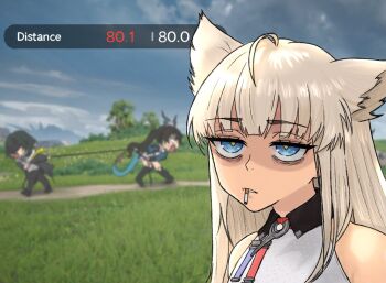 3girls animal_ears arknights arknights:_endfield bags_under_eyes bare_shoulders bird_ears bird_girl black_hair blonde_hair blue_eyes blurry blurry_background chen_qianyu_(arknights) cigarette commentary dress endministrator_(arknights) english_commentary english_text female_endministrator_(arknights) full_body game_screenshot_background grass heads-up_display jitome long_hair multiple_girls outdoors parted_lips perlica_(arknights) pulling screenshot_background sleeveless sleeveless_dress standing tsuicaa user_interface white_dress