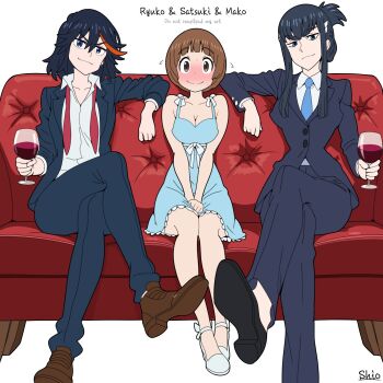 3girls black_hair blue_eyes blush breasts collared_shirt couch cup dress drinking_glass highres holding holding_cup jacket kill_la_kill kiryuuin_satsuki long_hair mankanshoku_mako matoi_ryuuko multiple_girls necktie on_couch open_clothes open_jacket pants shio_(zsp1jqohfr12495) shirt short_hair simple_background sleeveless sleeveless_dress wine_glass