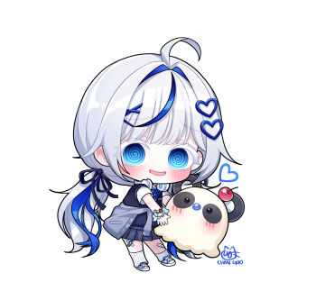 1girl @_@ absurdres ahoge aokumo_rin artist_name bandaid bandaid_on_knee bandaid_on_leg black_ribbon black_skirt blue_cardigan blue_eyes blue_hair blue_ribbon blue_sweater_vest cardigan cardigan_around_waist charachan900 cherry chibi chibi_only clothes_around_waist food fruit grey_hair hair_ornament headphones headphones_around_neck heart heart_hair_ornament highres kurimi_(aokumo_rin) multicolored_hair neck_ribbon open_mouth pleated_skirt ribbon school_uniform scrunchie shirt shoes simple_background skirt socks stellive streaked_hair sweater_vest twintails virtual_youtuber white_background white_shirt white_shoes white_socks wrist_scrunchie x_hair_ornament