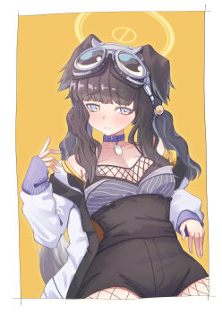 1girl absurdres animal_collar animal_ears black_hair black_shirt blue_archive blue_collar blue_eyes blush breasts collar commentary_request dog_ears dog_girl fishnets goggles goggles_on_head gradient_eyes halo hibiki_(blue_archive) highres jacket large_breasts long_hair long_sleeves low_twintails multicolored_eyes off_shoulder sainarohh shirt sidelocks sleeveless sleeveless_shirt solo striped_clothes teeth twintails vertical-striped_clothes white_jacket yellow_background yellow_eyes yellow_halo