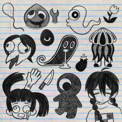3girls anger_vein balloon braid closed_mouth commentary cryptidhermit drooling egg eggplant english_commentary extra_arms flower greyscale hair_between_eyes highres jellyfish_(yume_nikki) kasei-san knife kyukkyu-kun lined_paper long_hair madotsuki melting_eyes monochrome monoko multiple_girls open_mouth toriningen twin_braids twintails yume_nikki