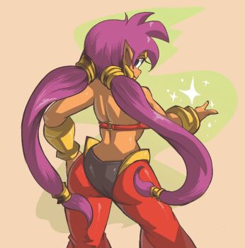 1girl alternate_hairstyle ass blue_eyes breasts dark-skinned_female dark_skin hand_on_own_hip huge_ass large_breasts looking_at_viewer looking_back low_twintails midriff outstretched_arm pants shantae shantae_(series) sideboob smile solo twintails