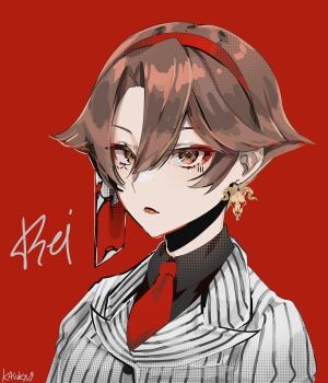 Rule 34 | anzu (anzuhan), artist name, ben-day dots, brown eyes, brown hair, closed mouth, devil summoner: soul hackers, devil summoner (series), earrings, formal clothes, goat skull, hair between eyes, hairband, highres, jewelry, looking at viewer, necktie, red background, red hairband, red lips, red necktie, rei reiho, screentones, short hair, skull earrings, striped suit, suit, white suit