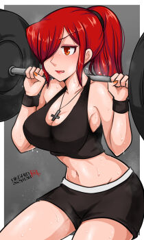 1girl absurdres barbell blush breasts cowboy_shot cross cross_necklace exercising frown grey_background hamu_agaki highres jewelry large_breasts lipstick long_hair makeup nail_polish navel necklace open_mouth parasoul_(skullgirls) red_hair red_lips shorts skullgirls solo squat_(exercise) squatting steam sweat tank_top weightlifting wristband yellow_eyes yellow_nails