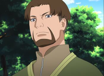 1boy black_eyes brown_hair iori_(naruto) looking_at_viewer medium_hair naruto_(series) ninja serious upper_body