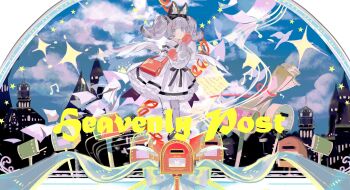 1girl absurdres animal_ears bag bird blue_eyes blue_sky blunt_bangs cat_ears chest_bow cloud cloudy_sky corded_phone day double-parted_bangs dove dress feathered_wings flying_paper frilled_dress frills full_body hair_ornament highres holding holding_phone lantercat leaning_forward looking_at_viewer mailbox_(incoming_mail) musical_note original paper phone ribbon scroll short_twintails shoulder_bag sky skyline slippers standing star_(symbol) twintails white_dress white_hair white_wings wings x_hair_ornament