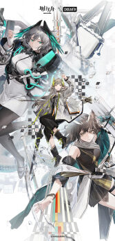 3girls aqua_eyes aqua_feathers arknights artist_request bare_shoulders black_choker black_dress black_feathers black_pantyhose blonde_hair blue_gloves breasts brown_eyes brown_hair chessboard chinese_commentary choker closed_umbrella coat commentary_request copyright_logo copyright_notice detached_sleeves dress elf feather_hair feathers fingerless_gloves gloves grey_hair head_wings highres ho&#039;olheyak_(arknights) id_card infection_monitor_(arknights) large_breasts laurels layered_sleeves logo long_hair long_sleeves medium_breasts medium_hair muelsyse_(arknights) multiple_girls official_art orange_eyes pantyhose pointy_ears shoes short_dress silence_(arknights) silence_the_paradigmatic_(arknights) single_fingerless_glove single_glove snake_tail staff tail thigh_strap two-tone_wings umbrella white_coat white_dress white_gloves wings wristband zipper zipper_pull_tab