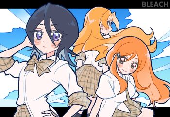2025 3girls alternate_eye_color black_border black_hair bleach blouse blue_eyes blue_sky border bow breasts closed_mouth cloud copyright_name hair_ornament hairclip hand_on_own_head hand_on_own_hip highres inoue_orihime knee_socks kuchiki_rukia light_blush long_hair matsumoto_rangiku medium_hair multiple_girls necktie orange_hair school_uniform shirt shoujo_s sitting skirt sky small_breasts smile snowflake_hair_ornament standing techimi wavy_hair
