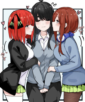 3girls absurdres black_cardigan black_ribbon blue_cardigan breasts brown_hair butterfly_hair_ornament cardigan commentary_request cowboy_shot eyebrows_hidden_by_hair genderswap genderswap_(mtf) girl_sandwich go-toubun_no_hanayome grabbing_another&#039;s_arm green_skirt group_sex hair_between_eyes hair_ornament hair_ribbon headphones headphones_around_neck highres imminent_kiss long_hair_between_eyes mame1645 miniskirt multiple_girls nakano_miku nakano_nino naughty_face nervous_smile no_hair_ornament pink_hair red_sweater_vest ribbon sandwiched shy siblings sisters skirt smile straight_hair sweater_vest thighhighs threesome translation_request twins uesugi_fuutarou yuri zettai_ryouiki