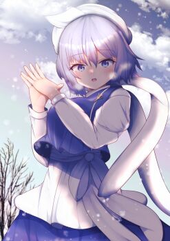 1girl :o apron blue_eyes blue_skirt blue_sky blue_vest blush breasts breath cloud commentary darumoon hat highres large_breasts letty_whiterock long_sleeves looking_at_viewer outdoors own_hands_together purple_hair scarf shirt short_hair skirt sky snowing solo touhou vest waist_apron white_apron white_hat white_scarf white_shirt