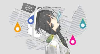 1girl absurdres animal animal_on_shoulder black_hair coat commentary english_text expressionless frog frog_on_shoulder from_side grey_background grey_eyes hair_tie highres hood hood_up hooded_coat inabakumori irple long_hair looking_at_viewer low_twintails map map_(object) map_background map_pin mouth_hold osage_(nukunuku_nigirimeshi) profile raincoat rainy_boots_(vocaloid) shaft_look sideways_glance solo song_name songover symbol-only_commentary twintails white_coat white_raincoat