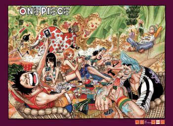00s 2008 2girls 6+boys ace_(playing_card) ace_of_spades afro angry animal apple arm_up bare_shoulders bespectacled black_hair black_headwear black_neckwear blonde_hair blue_hair brook_(one_piece) bull card chain chair cigarette closed_eyes clubs collared_shirt cover cover_page crossed_legs cup cyborg diamonds drink eating eyewear_on_head food fruit glass glasses green_hair green_shirt hair_over_one_eye happy hat heart highres holding holding_weapon horns indian_style jacket jewelry joker_(playing_card) knife long_hair long_sleeves looking_at_another monkey_d._luffy multiple_boys multiple_girls nami_(one_piece) necklace necktie nico_robin oda_eiichirou official_art one_piece open_mouth orange_hair overalls pants parted_bangs pink_headwear playing_card pompadour raglan_sleeves reindeer roronoa_zoro running sandals sanji_(one_piece) shirt short_hair short_sleeves shorts sitting skeleton sleeveless sleeveless_shirt smile smoke smoking spade spade_(shape) spades star_(symbol) star_print straw_hat striped_clothes striped_pants sunglasses sword tattoo teeth tongue tongue_out tony_tony_chopper top_hat unworn_hat unworn_headwear usopp weapon wristband