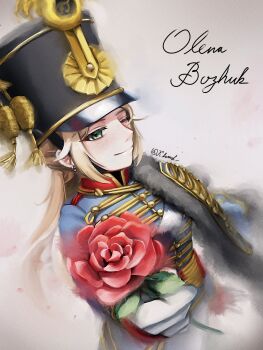 1girl absurdres artist_name blonde_hair blue_eyes capelet character_name earrings empire_of_austria eyelashes flower freckles green_eyes hat highres historical_connection holding holding_flower hussar imperial_austrian_army jacket jewelry klamol long_hair looking_at_viewer military military_uniform olena_bozhuk original pelisse red_flower red_rose rose signature simple_background smile soldier solo