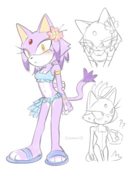 1girl animal_ears artist_name bikini blaze_the_cat blue_bikini cat_ears cat_girl cat_tail flower forehead_jewel furry furry_female hair_flower hair_ornament highres midriff multiple_views simple_background sonic_(series) swimsuit tail white_background yellow_eyes yeonwu08