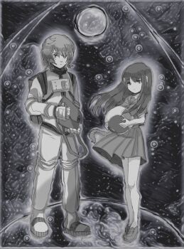 1boy 1girl absurdres bag classicaloid closed_mouth commentary_request franz_schubert_(classicaloid) full_moon greyscale hair_over_one_eye helmet highres holding holding_bag holding_unworn_helmet long_hair monochrome moon pleated_skirt short_hair short_sleeves skirt space_helmet spacesuit standing tekla_badarzewska-baranowska_(classicaloid) unworn_headwear unworn_helmet xiaoxinshidewannianbing
