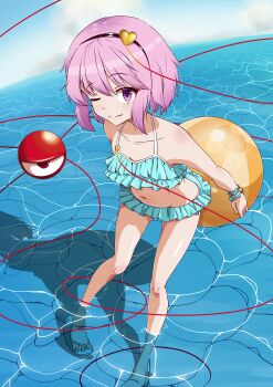 1girl absurdres ball beachball bikini blue_bikini breasts collarbone frilled_bikini frilled_swimsuit frills hair_between_eyes hair_ornament heart heart_hair_ornament highres komeiji_satori looking_at_viewer navel one_eye_closed pink_eyes pink_hair ribbon sandals short_hair slippers small_breasts smile solo standing swimsuit takuman135 third_eye touhou water wrist_ribbon