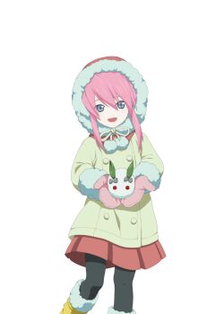 Rule 34 | 1girl, artist request, black pantyhose, blue eyes, boots, coat, cowboy shot, game cg, holding, long hair, looking at viewer, mittens, official alternate costume, official art, open mouth, pantyhose, pink hair, pink mittens, pink skirt, presea combatir, skirt, smile, snow rabbit, solo, tales of (series), tales of asteria, tales of symphonia, third-party source, transparent background, white coat, winter clothes, winter coat, yellow boots