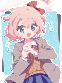 Rule 34 | 1girl, anzen robo (474zz), aqua eyes, blazer, blue skirt, blush, bow, brown sweater vest, commentary request, doki doki literature club, doki doki literature club school uniform, eyelashes, flying sweatdrops, grey jacket, grid background, hair bow, jacket, long sleeves, neck ribbon, open clothes, open jacket, open mouth, outline, own hands together, pink hair, red bow, red ribbon, ribbon, sayori (doki doki literature club), school uniform, shirt, short hair, skirt, smile, solo, sweatdrop, sweater vest, white outline, white shirt