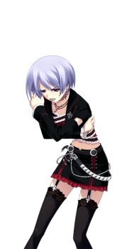 1girl arms_around_self belt black_jacket black_lips black_skirt black_thighhighs blue_hair chain chaos;head choker clenched_teeth collarbone corset cross cross_print detached_sleeves earrings facing_viewer frilled_corset frilled_skirt frilled_sleeves frills garter_straps goth_fashion inverted_cross jacket jewelry kishimoto_ayase lace lace-trimmed_thighhighs lace_trim large_variant_set leather leather_jacket leather_skirt long_sleeves matsuo_yukihiro midriff miniskirt navel non-web_source pain phantasm red_corset red_skirt science_adventure short_hair skirt sky solo teeth thighhighs v-shaped_eyebrows variant_set