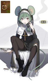 1girl @_@ animal_ears black_boots black_coif black_dress black_pubic_hair boots brown_pantyhose capelet commentary cross cross_necklace dress drugs ears_through_headwear english_commentary female_pubic_hair frilled_hair_tubes frills full_body green_hair grey_background hair_tubes jewelry joint_(drug) looking_at_viewer marijuana matchbox matches medium_hair mouse_ears mouse_girl mouse_tail necklace no_panties nun open_mouth pantyhose pubic_hair ratkin_(rimworld) red_eyes reference_inset rimworld single_hair_tube sitting smile smoking solo tail traveler_hxy white_capelet