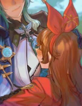 2girls amber_(genshin_impact) between_breasts blue_hair blush bow_hairband breasts brown_hair closed_eyes commentary english_commentary eula_(genshin_impact) face_to_breasts genshin_impact hairband head_between_breasts highres jacket kiegenshin long_hair multiple_girls red_hairband red_jacket shirt vision_(genshin_impact) white_shirt yuri ~