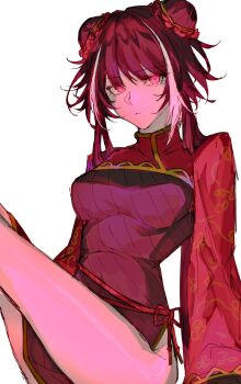 Rule 34 | 1girl, black hair, breasts, china dress, chinese clothes, closed mouth, double bun, dress, glowing, hair bun, highres, jia xichun (project moon), legs up, limbus company, long hair, long sleeves, looking at viewer, medium breasts, multicolored hair, pelvic curtain, pink eyes, project moon, red dress, red light, red shrug, red sleeves, ritaritatter96, rope belt, shrug (clothing), side slit, simple background, sitting, solo, streaked hair, thighs, white background, white hair, white streaks