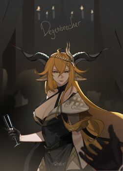 1girl absurdres alternate_costume animal_ears arknights artist_name black_gloves blonde_hair breasts character_name cleavage commentary cowboy_shot cup degenbrecher_(arknights) dress drinking_glass english_commentary gloves goat_ears goat_girl goat_horns hair_between_eyes highres holding holding_cup horns large_breasts long_hair outstretched_hand shalter solo_focus yellow_eyes