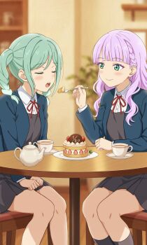 2girls aqua_eyes black_skirt blue_jacket blurry blurry_background blush cake chair closed_eyes commentary_request cup dessert donguri_chitta food fork green_eyes highres holding holding_fork indoors jacket kettle long_hair looking_at_another love_live! love_live!_superstar!! multiple_girls on_chair onitsuka_natsumi onitsuka_tomari open_mouth purple_eyes school_uniform shirt sitting skirt smile socks table tea teacup teeth twintails upper_teeth_only white_shirt yuigaoka_school_uniform