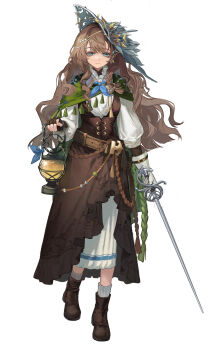 1girl absurdres alternate_costume asymmetrical_gloves belt blue_eyes boots brown_boots brown_gloves brown_hair commentary fingerless_gloves gloves green_shawl hat highres holding holding_lamp holding_sword holding_weapon kuroja long_hair marcus_(reverse:1999) rapier reverse:1999 shawl solo sword symbol-only_commentary weapon white_background white_gloves