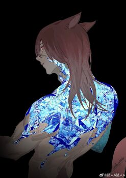 1boy absurdres animal_ears artist_name black_background cat_boy cat_ears cat_tail commentary crabwzzzz crystal crystal_exarch crystallization facial_mark final_fantasy final_fantasy_xiv from_above from_behind g'raha_tia hair_between_eyes highres looking_at_viewer male_focus medium_hair miqo'te nude out-of-frame_censoring parted_lips profile red_eyes red_hair sideways_glance simple_background solo symbol-only_commentary tail toned toned_male watermark weibo_watermark