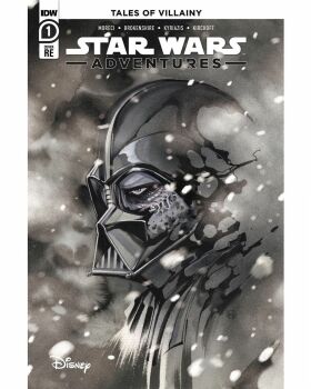 Rule 34 | 1boy, armor, ashes, battle damage, battle scarred, black armor, black background, black helmet, border, company name, damaged, darth vader, disney, facial scar, gradient background, grey background, grey eyes, helmet, highres, idw publishing, male focus, official art, peach momoko, scar, scar on cheek, scar on face, signature, sith, star wars, white background, white border