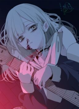1girl 1other 7-string_guitar ascot bang_dream! black_shirt bleeding blood choker clothes_grab collarbone commentary_request dark extended_range_guitar frilled_choker frills green_hair guitar holding holding_guitar holding_instrument indoors instrument long_hair long_sleeves lying nosebleed on_floor parted_lips red_light shirt shirt_grab solo upper_body wakaba_mutsumi watermark white_ascot wooden_floor xiujia_yihuizi yellow_eyes