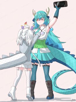 Rule 34 | 2girls, animal ears, bare shoulders, belt, black boots, blue dragon (kemono friends), blue gloves, blue necktie, blue skirt, blue thighhighs, blush, boots, closed eyes, collared shirt, commentary request, dragon ears, dragon girl, dragon horns, dragon tail, fingerless gloves, fishnet gloves, fishnet thighhighs, fishnets, frilled gloves, frilled thighhighs, frills, garter straps, gloves, green belt, grey shirt, hair between eyes, handheld game console, height difference, highres, horns, kemono friends, long hair, long sleeves, mukouyama mu, multiple girls, necktie, pleated skirt, shirt, short hair, short twintails, sidelocks, skirt, sleeveless, tail, thighhighs, tiptoes, twintails, white boots, white dragon (kemono friends), white gloves, white hair, white shirt, white skirt, white thighhighs, zettai ryouiki