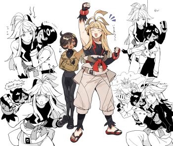1boy 1girl :d antenna_hair arm_up black_gloves black_tank_top blonde_hair blunt_bangs blush_stickers brown_hair brown_jacket carrying closed_eyes couple cowlick cropped_jacket crossed_arms dark-skinned_female dark_skin emma_(pokemon) fingerless_gloves flip-flops floating_hair full_body gloves grey_eyes happy height_difference hetero highres ivor_(pokemon) jacket kurodeko light_blush long_sidelocks looking_at_another mole mole_under_mouth multiple_views muscular muscular_male nintendo open_mouth pokemon pokemon_legends:_z-a princess_carry puffy_pants sandals short_hair sidelocks skin_tight smile sweat tank_top whispering whispering_in_ear wristband