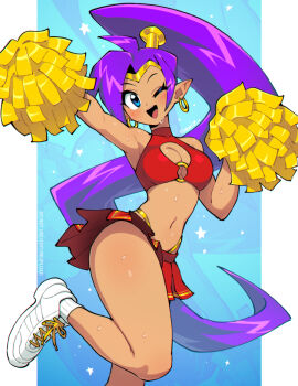 1girl ;d alternate_costume arm_up bare_shoulders blue_background blue_eyes blush breasts cheering cheerleader cleavage_cutout clothing_cutout crop_top dark-skinned_female dark_skin earrings full_body holding holding_pom_poms hoop_earrings jewelry leg_up long_hair looking_at_viewer medium_breasts midriff miniskirt navel o-ring o-ring_top one_eye_closed open_mouth pleated_skirt pointy_ears pom_pom_(cheerleading) pom_poms ponytail purple_hair qewie red_skirt shantae shantae_(series) shoes skirt smile sneakers solo standing sweat thighs tiara very_long_hair white_shoes zoom_layer