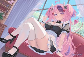 1girl absurdres ahoge artist_name ayasesama bell black_bow black_bowtie black_dress black_shoes bookshelf bow bowtie breasts cloud crossed_legs curtains demon_girl demon_horns demon_tail dress hair_bell hair_ornament heart heart_ahoge heterochromia highres horns indie_virtual_youtuber ironmouse maid multicolored_hair neck_bell pink_eyes pink_hair purple_eyes purple_hair shoes sitting sky solo streaked_hair tail thighhighs two-tone_hair two_side_up virtual_youtuber white_horns white_thighhighs window