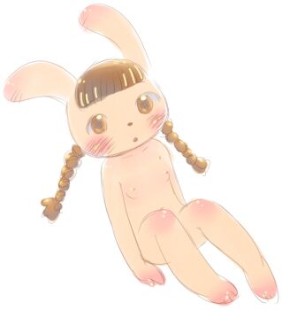 1girl animal animal_ears barefoot bemani blush braid brown_eyes brown_hair collarbone flat_chest furry loli long_hair looking_at_viewer mimi_(pop&#039;n_music) navel nipples nude open_mouth pop&#039;n_music rabbit rabbit_ears rabbit_girl sitting twin_braids white_background yamanokonza