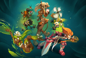 Rule 34 | 1boy, 2girls, absurdres, amalia sheran sharm, animal ears, ankama, arachnee (wakfu), barefoot, bell, bird, blonde hair, boowolf (wakfu), breasts, card, cat ears, cat tail, collar, creature, dark skin, ecaflip, ecaflip f, fang, feet, fingerless gloves, flower, gloves, gobball (wakfu), green eyes, green hair, grin, hair flower, hair ornament, highres, iop (wakfu), iop m, loincloth, long hair, medium breasts, multiple girls, neck bell, no pupils, official art, open mouth, orange hair, plant, playing card, ponytail, sadida, sadida f, sandals, sheep, shoe dangle, sideboob, smile, soles, strapless, strich (wakfu), sword, tail, toes, tofu (wakfu), treechnid (wakfu), tristepin percedal, tube top, vines, wakfu, watermark, weapon, web address, windmill, xaxaxa, yellow eyes