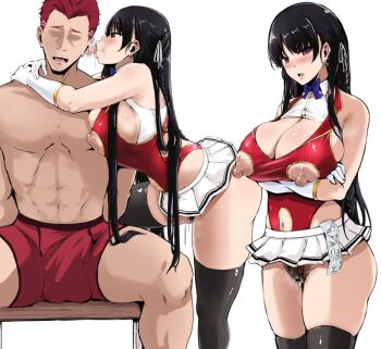 1boy 1girl arms_around_another&#039;s_neck arms_under_breasts black_hair black_thighhighs blush breasts bulge clothing_cutout condom condom_packet_strip condom_wrapper condom_wrapper_in_clothes ear_licking erection erection_under_clothes female_pubic_hair gloves horikita_suzune hug huge_breasts licking long_hair miniskirt nippleless_clothes nipples open_mouth pubic_hair pussy pussy_juice red_eyes red_hair skirt stomach_cutout sudou_ken thighhighs thighs tongue tongue_out youkoso_jitsuryoku_shijou_shugi_no_kyoushitsu_e zerogura